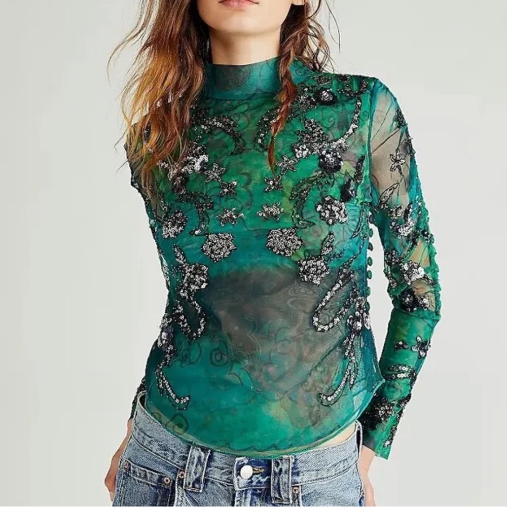 Free People Midnight Dreams Embellished Mesh Top In Emerald Combo